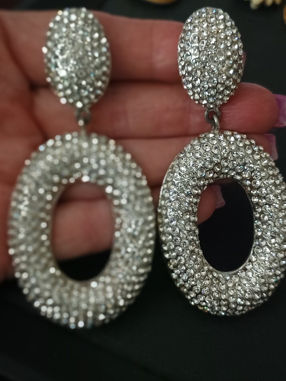 Vintage Rhinestone Oval Drop Earrings - Silver Tone  Crystal